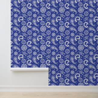 Papier Peint Cute Country Paisley motif bleu carrelé blanc