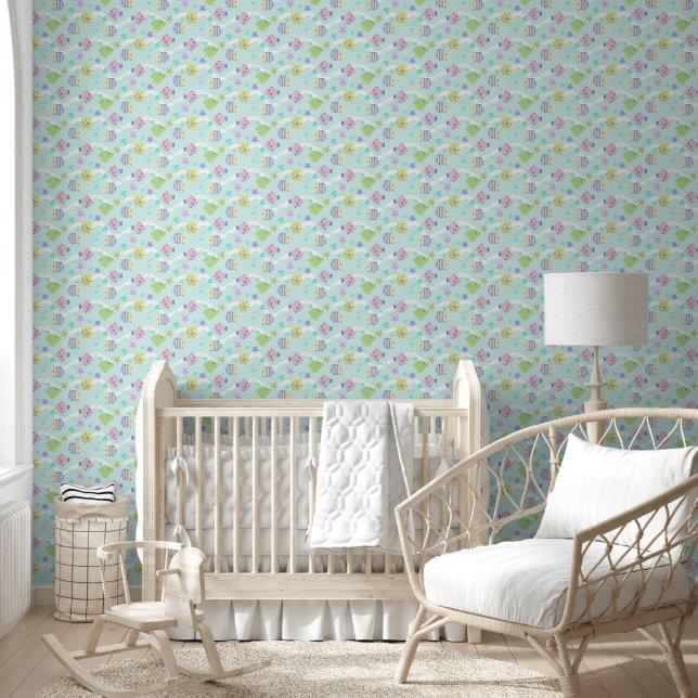 Papier Peint Cute Fishes Pastel Blue (Enfants)