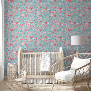 Papier Peint Cute Folk Floral Coeur Dusty Blue Blush Rose Girl