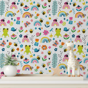 Papier Peint Cute Frogs Insects Rainbows Fleurs Enfants Motif