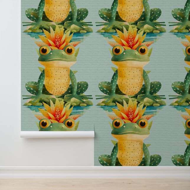 Papier Peint Cute grenouille étang de fleurs enfants aquarelle (Application)