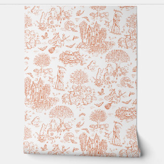 Papier Peint Cute Halloween Chats Toile de Jouy - Orange & Blan