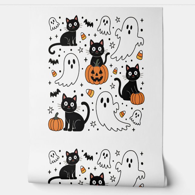Papier Peint Cute Halloween Ghost Boo Cat (Déroulement)
