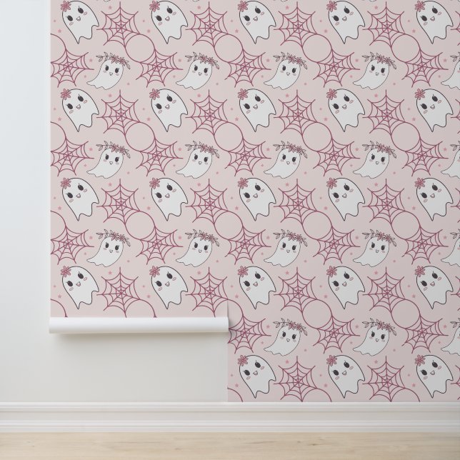 Papier Peint Cute Halloween Ghost & Spiderweb Motif (2) (Application)