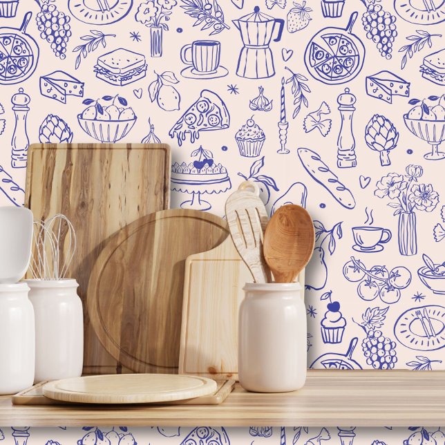 Papier Peint Cute Hand Drawn Italian Food and Flowers Kitchen (In situ)