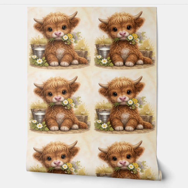 Papier Peint Cute Highland Cow Baby Pattern Wallpaper (Déroulement)