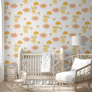 Papier Peint Cute Kitty avec parapluie et nuages souriants