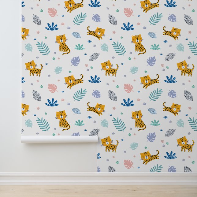 Papier Peint Cute léopards avec feuilles de jungle blanc (Application)