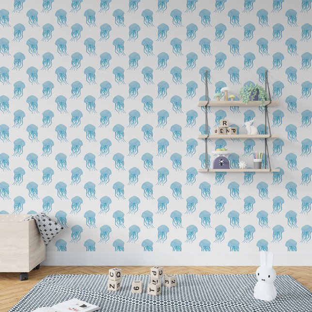 Papier Peint Cute Little Blue méduse Nursery (Cute Little Blue jellyfish Nursery Wallpaper)