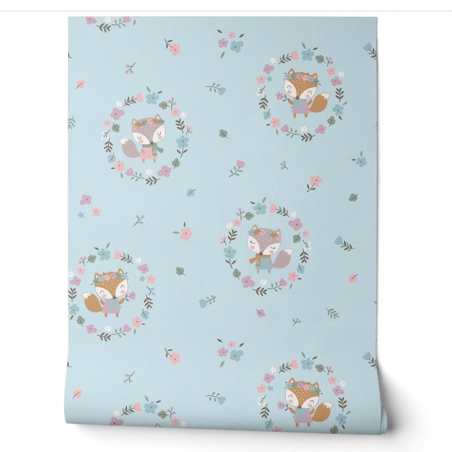 Papier Peint Cute Little Fall Fox avec fleurs bleu clair (Déroulement)