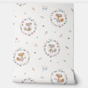 Papier Peint Cute Little Fall Fox avec fleurs crème