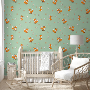 Papier Peint Cute Little Fox Green Motif