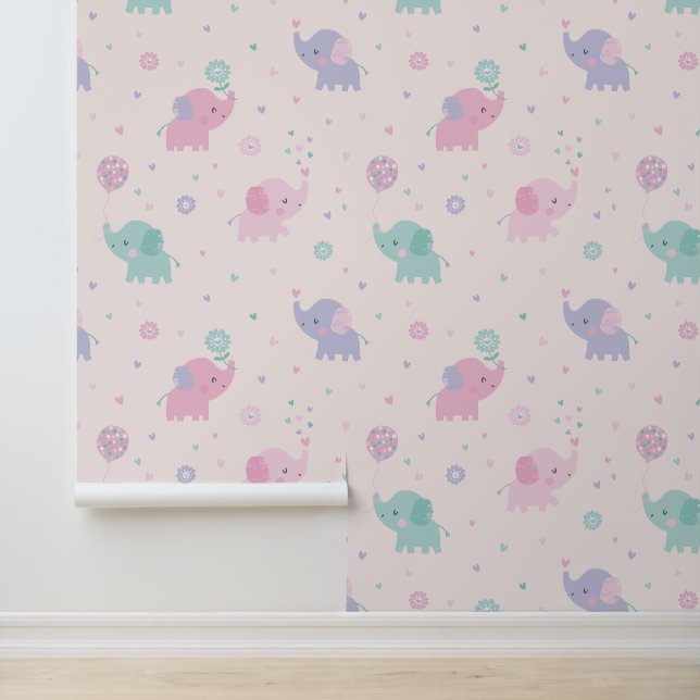 Papier Peint Cute Little pastel Elephants rose lilas crème ment (Application)