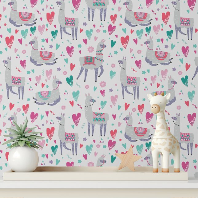 Papier Peint Cute Llama Coeurs Filles Enfants Motif moderne (Créateur téléchargé)