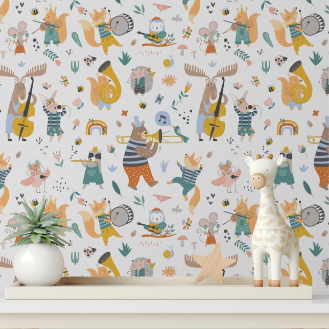 Papier Peint Cute Musical Bois Animaux Modernes Enfants Motif (Créateur téléchargé)