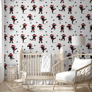 Papier Peint Cute Ninja Guerrier Enfants Noir & Rouge Motif