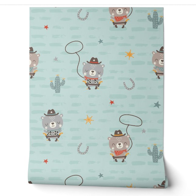 Papier Peint Cute Petit Cowboy Sheriff Bear sur bleu (Déroulement)