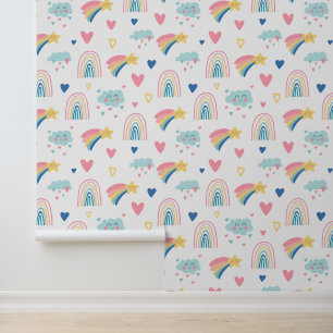 Papier Peint Cute Rainbow Hearts & Clouds Motif