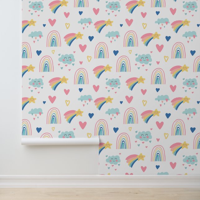 Papier Peint Cute Rainbow Hearts & Clouds Motif (Application)
