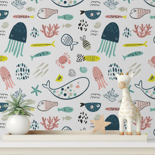 Papier Peint Cute Sea Créations Poissons Baleines Enfants Motif