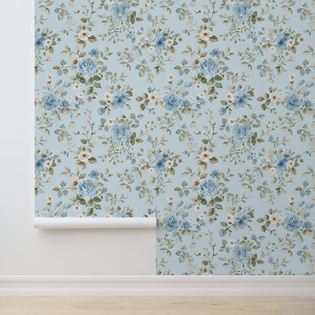 Papier Peint Cute Shabby Chic Bleu Floral (Application)