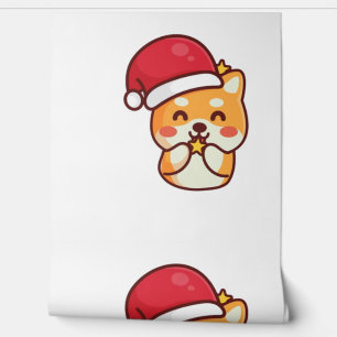 Papier Peint Cute Shiba Inu Sourire avec Casquette de Noël