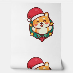 Papier Peint Cute Shiba Inu Sourire avec le Casquette de Noël A