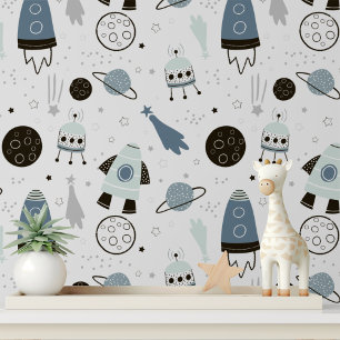 Papier Peint Cute Spaceshiles Rockets Planet Modern Kids Motif