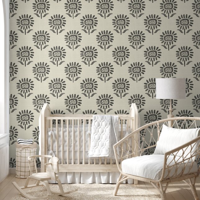Papier Peint Cute Sunflower Block Print Charcoal Black & Beige (Enfants)