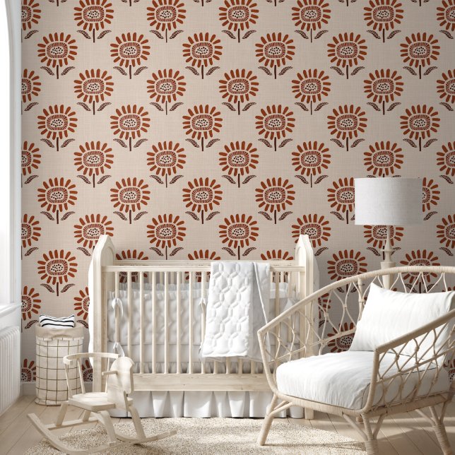 Papier Peint Cute Sunflower Block Print in Terracotta & Beige (Enfants)