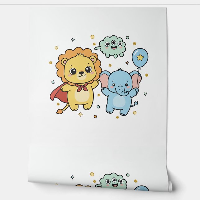 Papier Peint Cute Superhero Lion and Elephant Friends Cartoon (Déroulement)