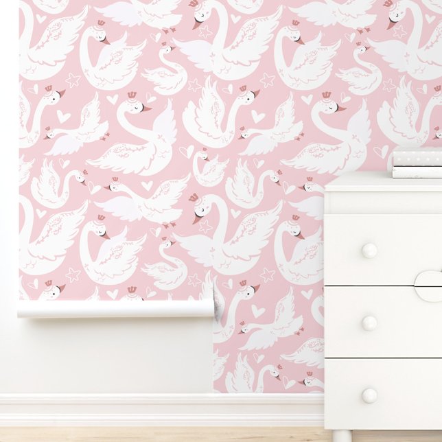 Papier Peint Cute Swan Moderne Élégant Pink Nursery Salle Fille (Cute Swan Modern Elegant Pink Nursery Girl Room Wallpaper)