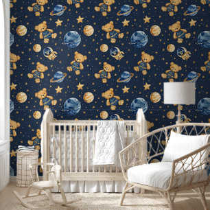 Papier Peint Cute Teddy Bear Astronaut en Galaxy Blue Nursery