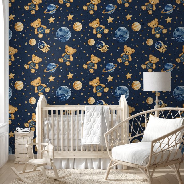 Papier Peint Cute Teddy Bear Astronaut en Galaxy Blue Nursery (Enfants)