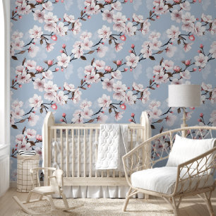 Papier Peint Cute Vibrant Bleu rose cerisier Fleur Chic Floral