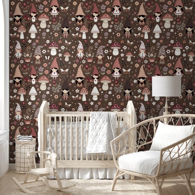 Papier Peint Cute Whimsical Fair Gnomes and Mushrooms  (Enfants)