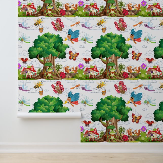 Papier Peint Cute Woodland Insects & Frog Treehouse Kids (Application)