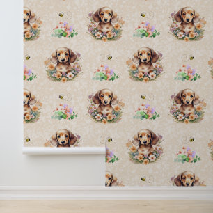 Papier Peint Dachshund Chien Chien Bee Floral sur Crème