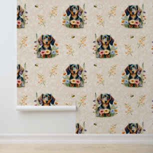 Papier Peint Dachshund Chien Chien Chien Noir Tan Fleurs Sauvag