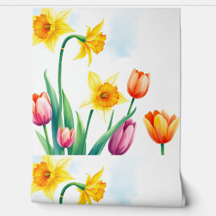 Papier Peint Daffodiles et tulipes d'aquarelle vibrantes
