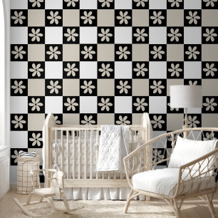 Papier Peint Daisy noir et damier rétro neutre 