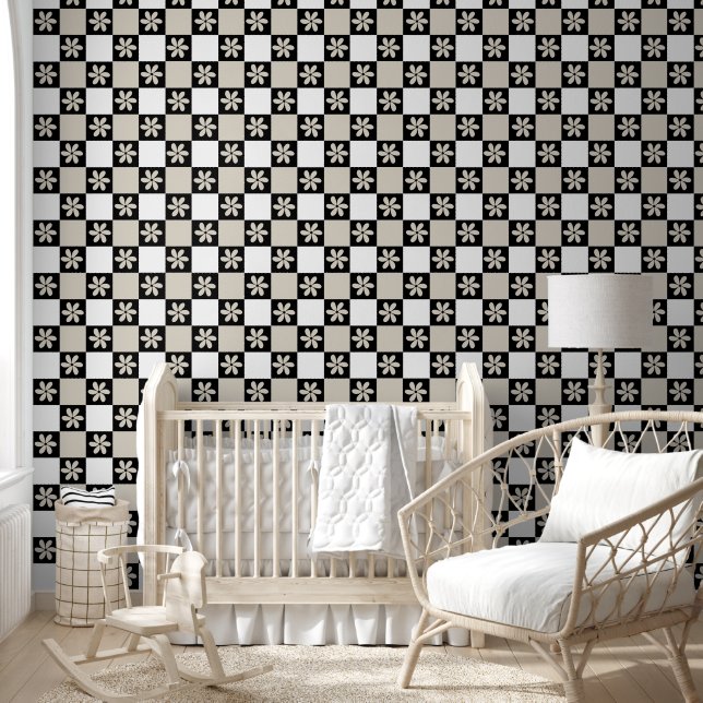 Papier Peint Daisy noir et damier rétro neutre  (Enfants)