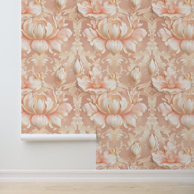 Papier Peint Damas texture luxueuse de fleur de lys crème (Application)