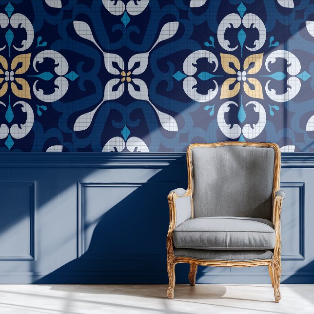 Papier Peint Damascus bohème marocain bleu ethnique (Créateur téléchargé)