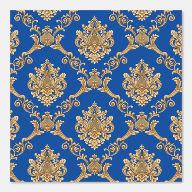 Papier Peint Damassé Belge Or sur Fond Bleu Designer  (Recto)