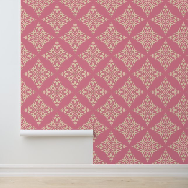 Papier Peint Damassé classique rose & beige clair (Application)