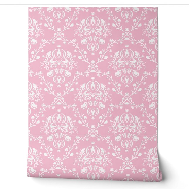 Papier Peint Damassé rose et blanc (Déroulement)