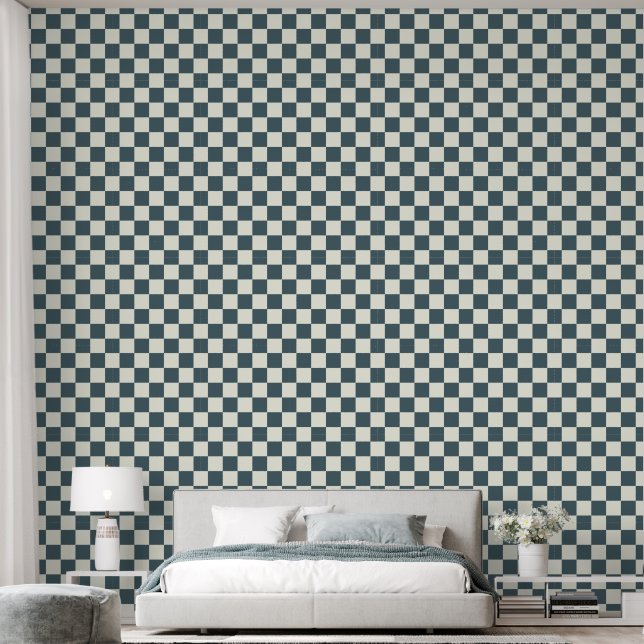 Papier Peint Damier 2" bleu sarcelle foncé et blanc ivoire (Chambre à coucher)