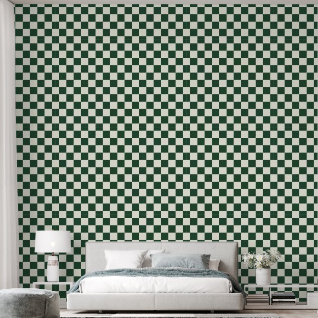 Papier Peint Damier 2" vert foncé et blanc ivoire (Chambre à coucher)