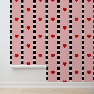 Papier Peint Damier à rayures de cœurs roses et rouges